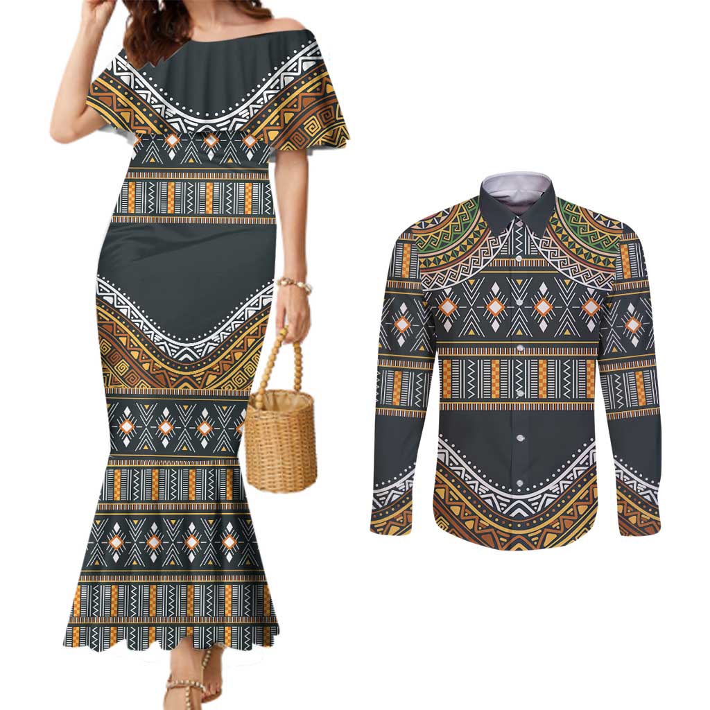 Africa Ethnic Native Pattern Couples Matching Mermaid Dress and Long Sleeve Button Shirt