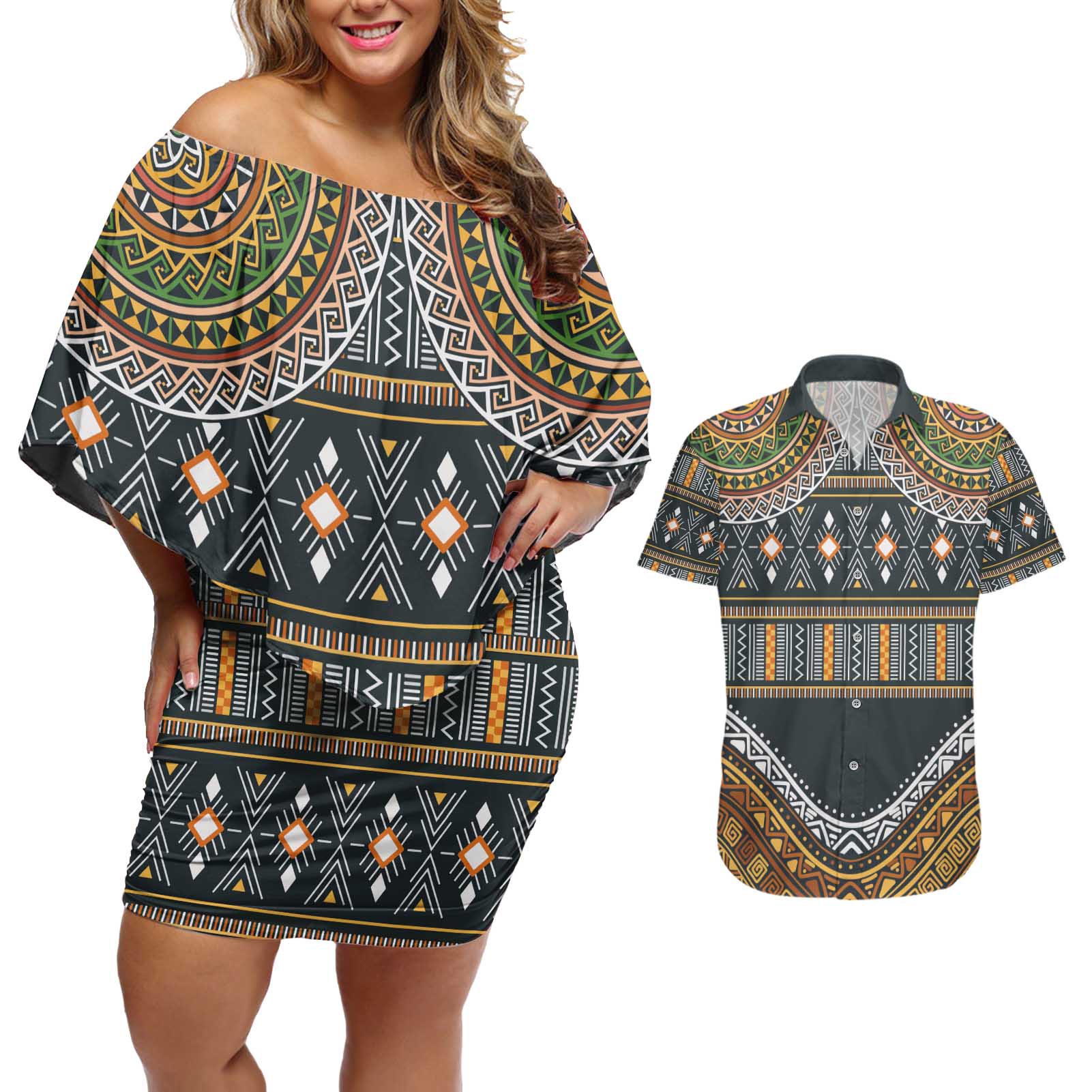 Africa Ethnic Native Pattern Couples Matching Off Shoulder Short Dress and Hawaiian Shirt LT9 - Wonder Print Shop