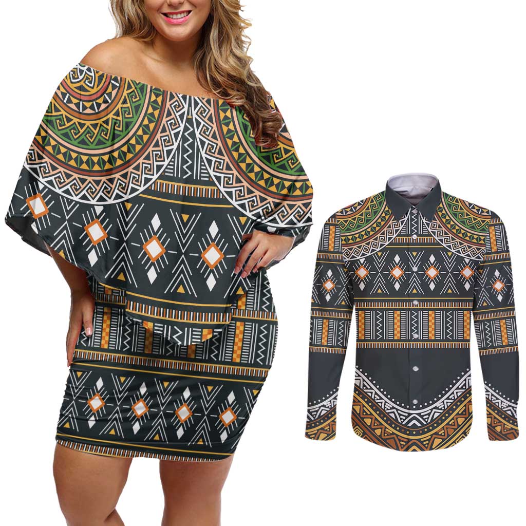 Africa Ethnic Native Pattern Couples Matching Off Shoulder Short Dress and Long Sleeve Button Shirt LT9 - Wonder Print Shop