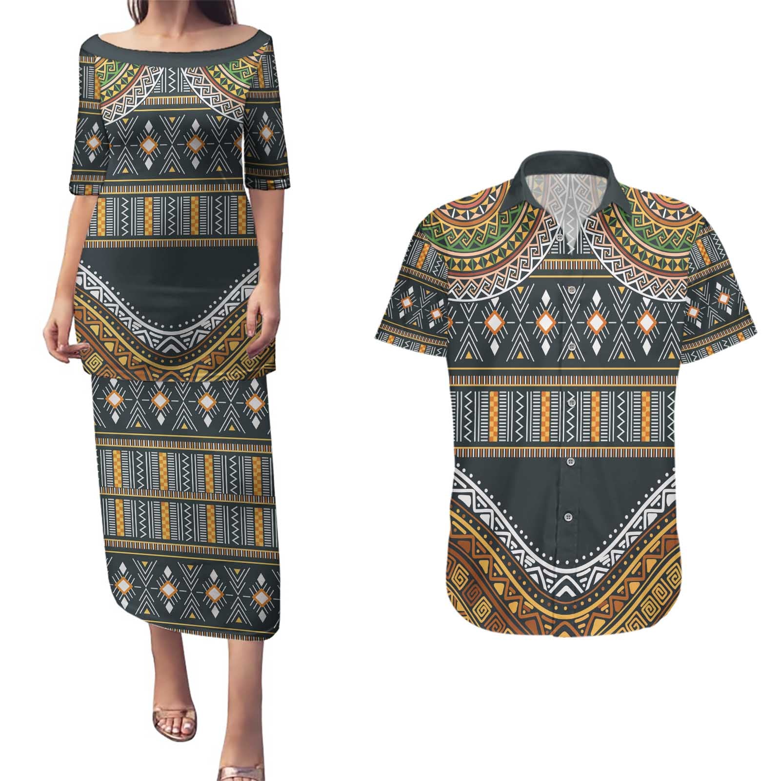 Africa Ethnic Native Pattern Couples Matching Puletasi and Hawaiian Shirt LT9 - Wonder Print Shop