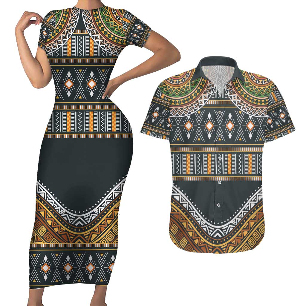 Africa Ethnic Native Pattern Couples Matching Short Sleeve Bodycon Dress and Hawaiian Shirt LT9 - Wonder Print Shop