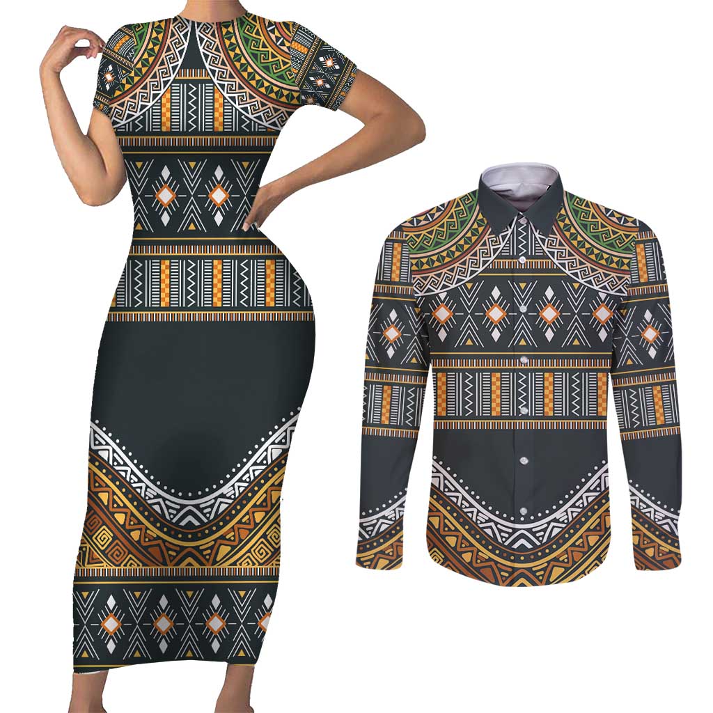 Africa Ethnic Native Pattern Couples Matching Short Sleeve Bodycon Dress and Long Sleeve Button Shirt LT9 - Wonder Print Shop