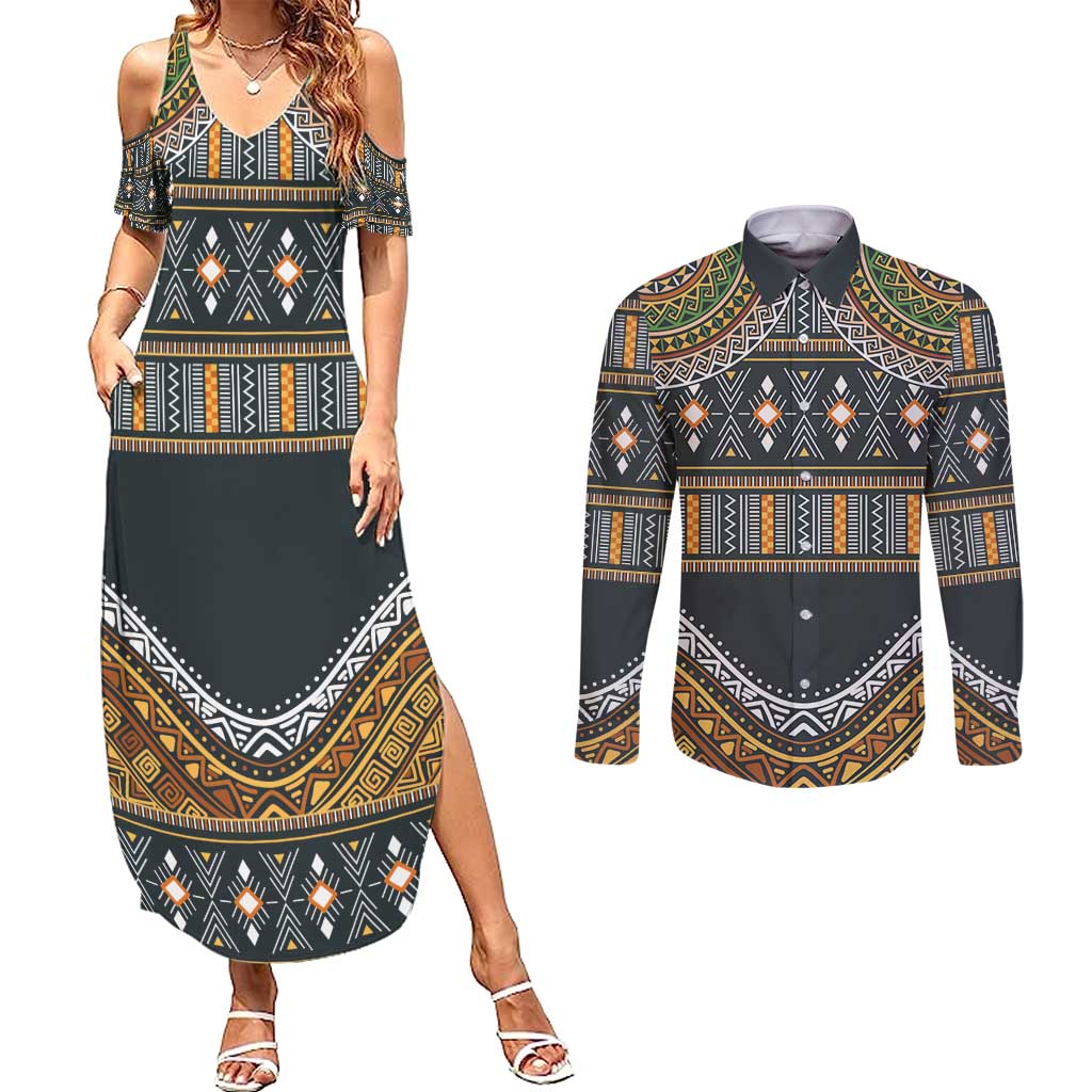 Africa Ethnic Native Pattern Couples Matching Summer Maxi Dress and Long Sleeve Button Shirt LT9 - Wonder Print Shop