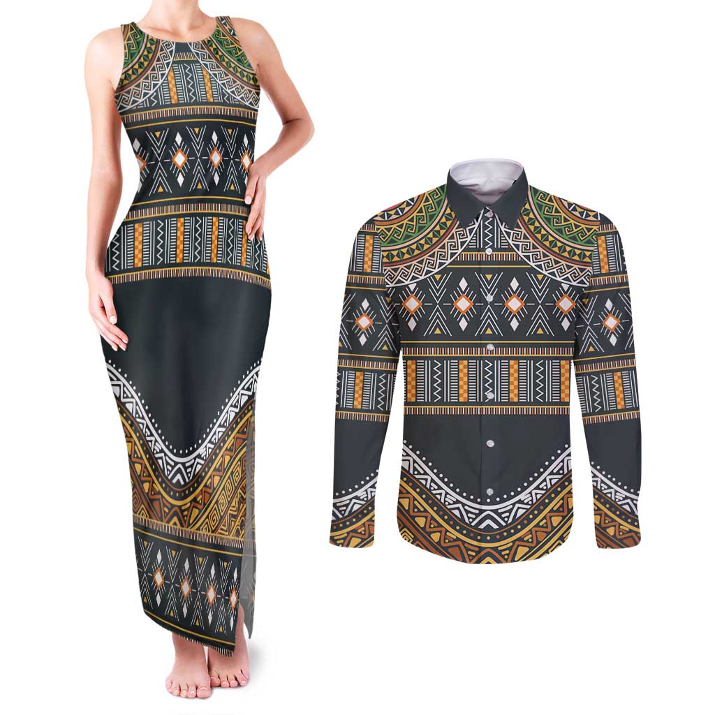 Africa Ethnic Native Pattern Couples Matching Tank Maxi Dress and Long Sleeve Button Shirt LT9 - Wonder Print Shop