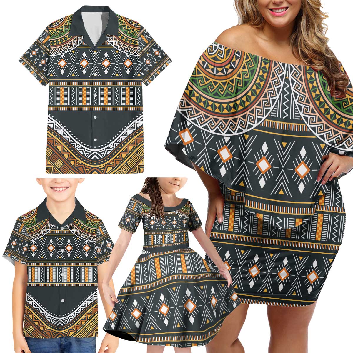 Africa Ethnic Native Pattern Family Matching Off Shoulder Short Dress and Hawaiian Shirt LT9 - Wonder Print Shop