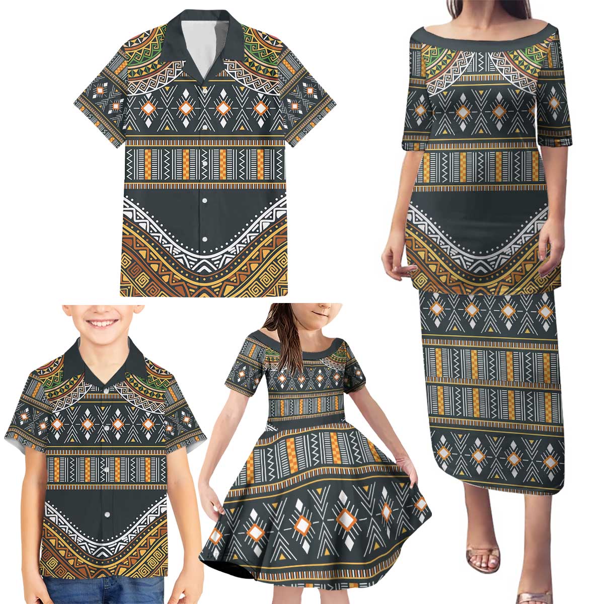 Africa Ethnic Native Pattern Family Matching Puletasi and Hawaiian Shirt - Wonder Print Shop