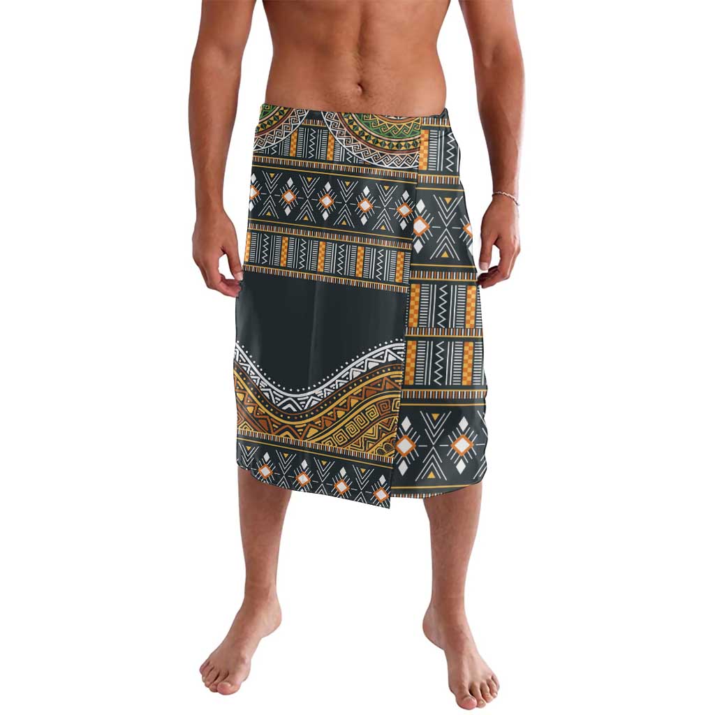 knee-length pull-on skirt with dark geometric and gold tribal pattern