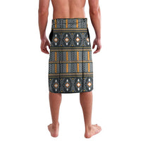 knee-length pull-on skirt with dark geometric tribal pattern in gold and orange