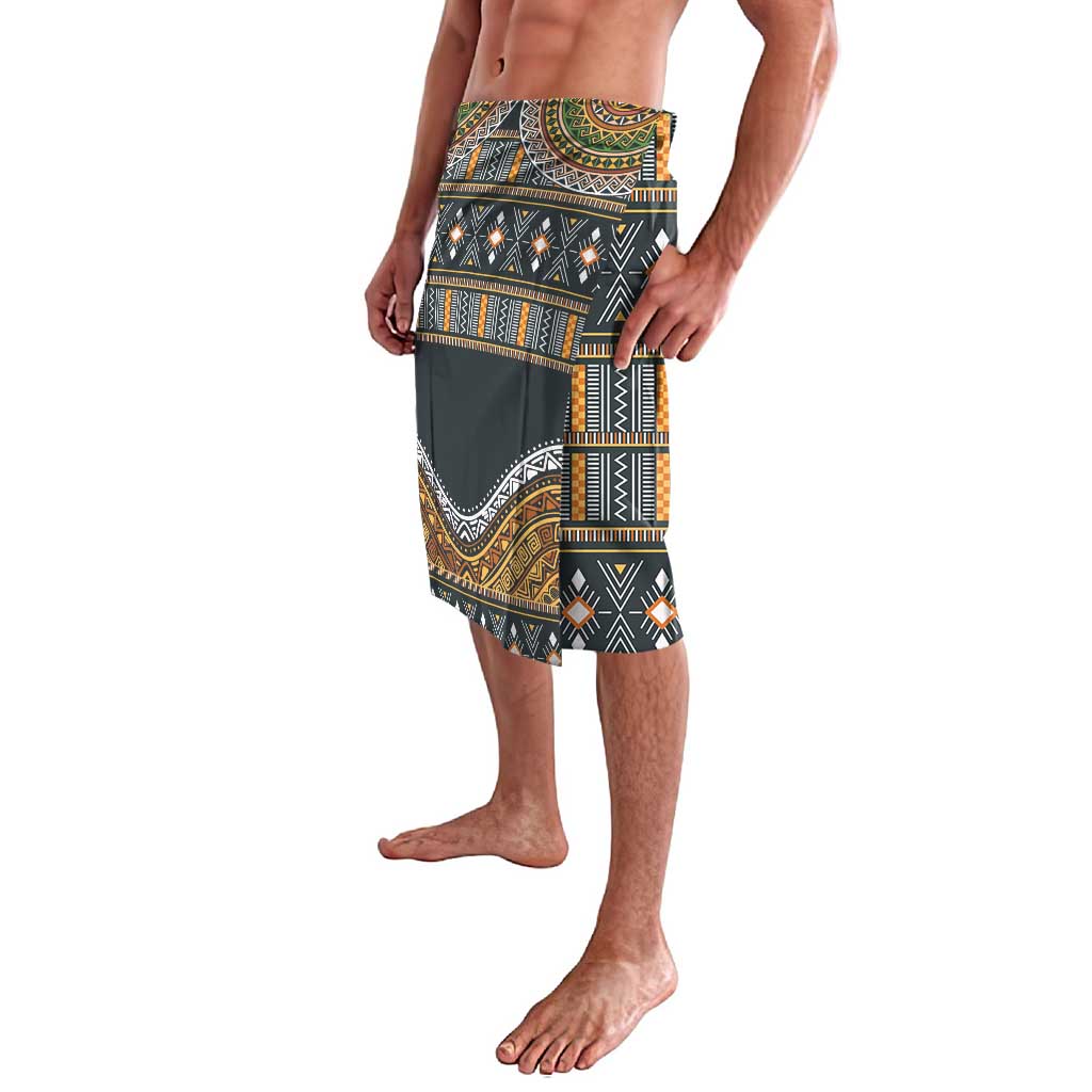 knee-length pull-on skirt with dark geometric tribal pattern, gold and orange