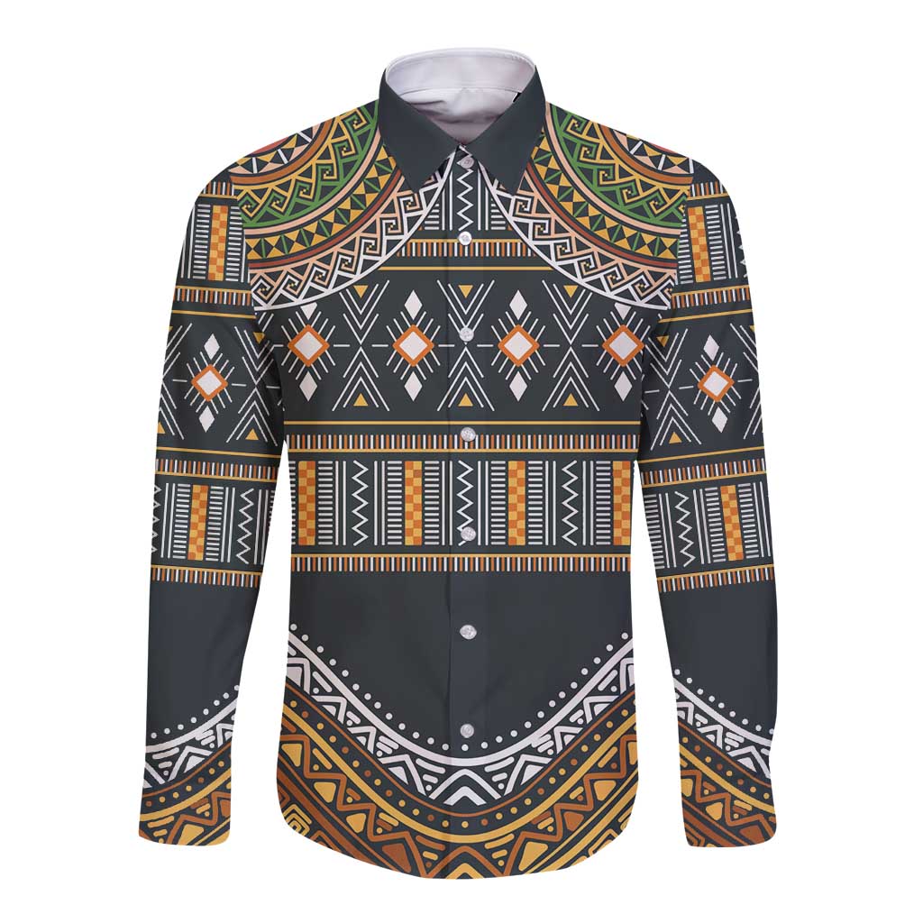Long-sleeve button-up shirt with black geometric tribal pattern and gold, green trim