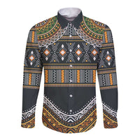 Long-sleeve button-up shirt with black geometric tribal pattern and gold, green trim