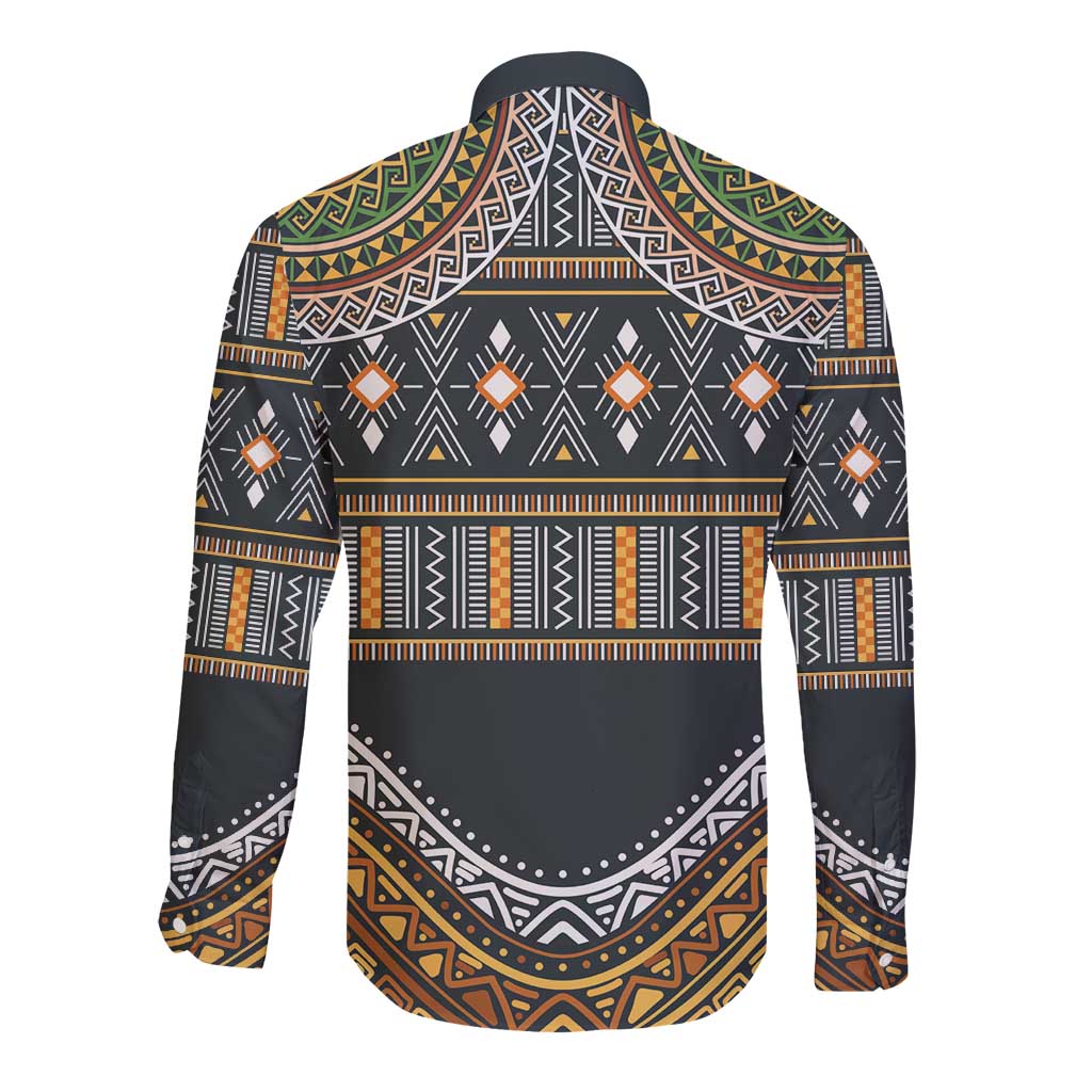 Long-sleeve button-up shirt, back view, black geometric tribal pattern with gold and green accents