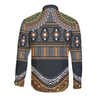 Long-sleeve button-up shirt, back view, black geometric tribal pattern with gold and green accents