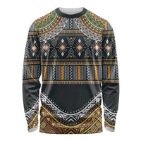 Long-sleeve ethnic print shirt, dark gray with gold/green geometric pattern