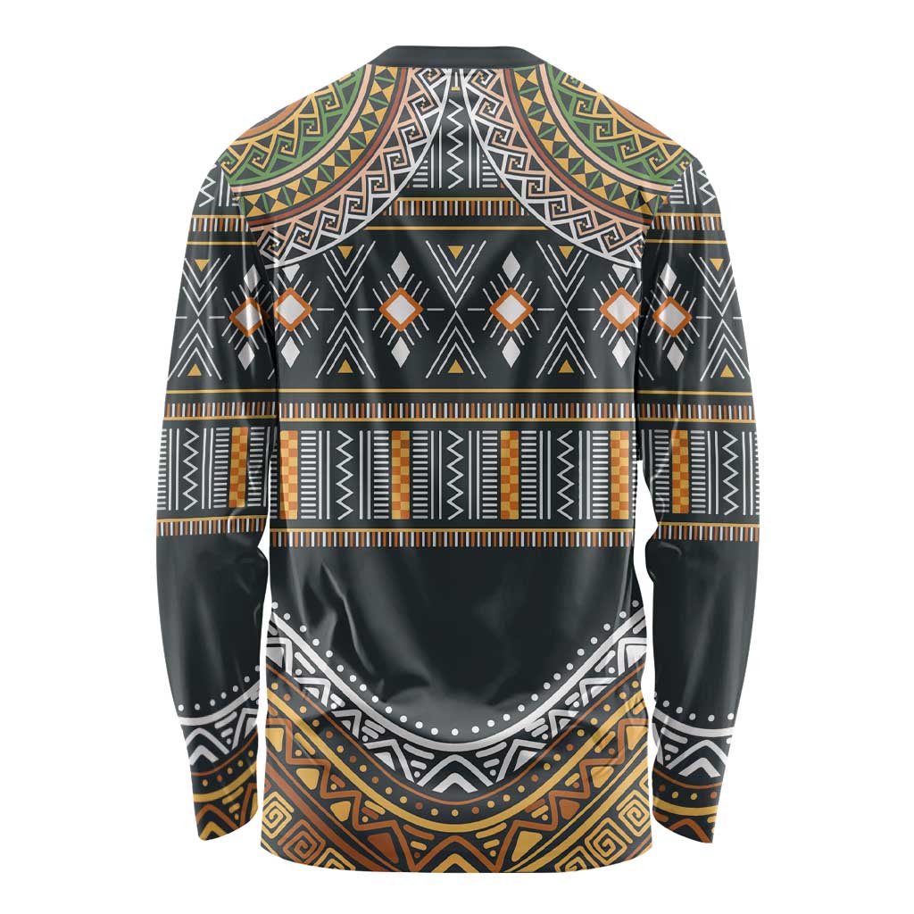 Long-sleeve ethnic print shirt back, dark gray with gold/green geometric pattern