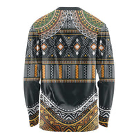 Long-sleeve ethnic print shirt back, dark gray with gold/green geometric pattern