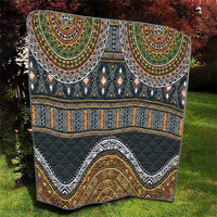 Ethnic quilt folded view, black with gold, green, orange and white tribal motifs