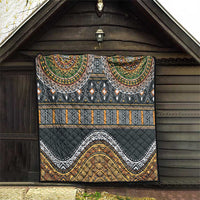 Ethnic wall-hanging quilt with black background and gold, green and orange geometric border