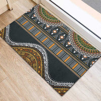 Ethnic rubber doormat featuring dark charcoal base with striped and arch geometric motifs