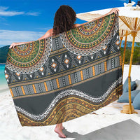 Tribal patterned sarong fabric, black base with gold and olive geometric wave motifs