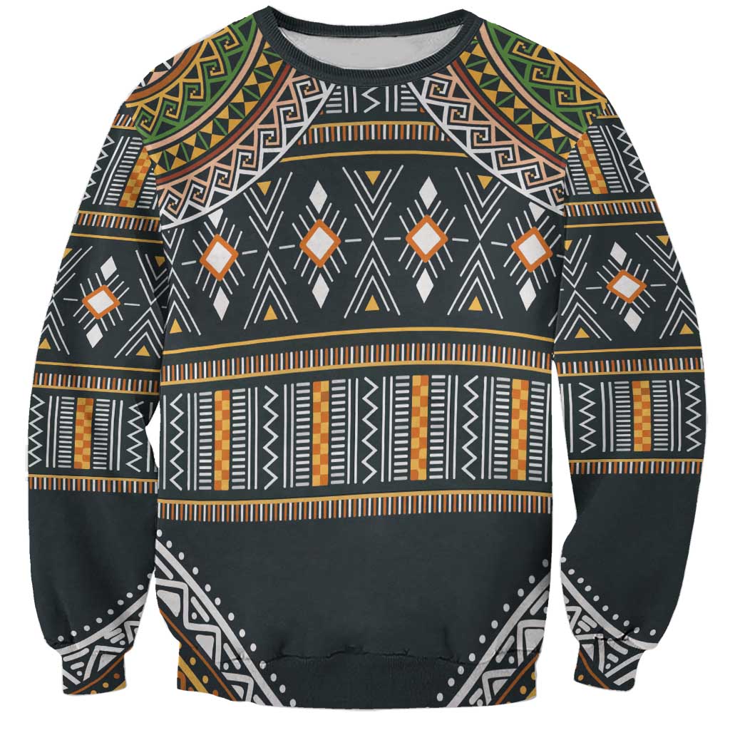 Tribal geometric print sweatshirt with crew neck, long sleeves, dark base and gold accents