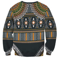 Tribal geometric sweatshirt with crew neck and long sleeves, dark base with gold and green print