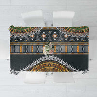 Ethnic pattern tablecloth with black, gold, and white geometric bands