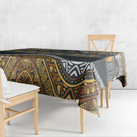 Native-style tablecloth with black, gold, and white geometric motif and stripes