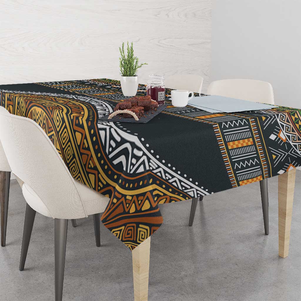 Geometric ethnic tablecloth in black with gold and white tribal motifs