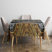 Square-style ethnic tablecloth with black, gold, and white geometric design