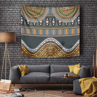 Large wall tapestry with dark gray base and gold, orange, green decorative motifs