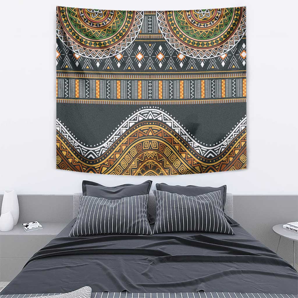 Decorative wall tapestry featuring dark gray, gold, orange, and green tribal stripes