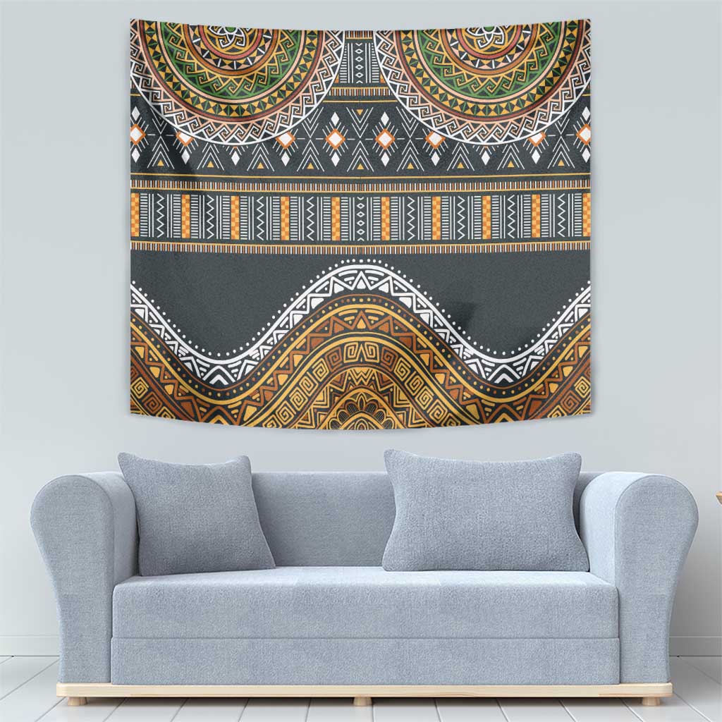 Wall hanging tapestry with dark gray field and gold, orange, white geometric borders