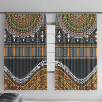 Ethnic window curtain set with dark base and gold, green, white tribal panel patterns.