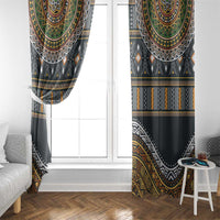 Ethnic window curtain pair with dark base and gold, green, white ornamental arches.