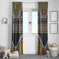 Ethnic window curtain set with dark fabric and gold, green, white striped geometric motifs.