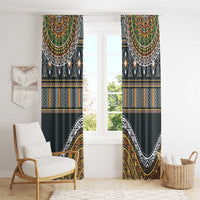 Ethnic window curtain panels with dark base and gold, green, white tribal medallion design.