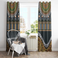 Ethnic window curtain set with dark base and gold, green, white geometric border patterns.