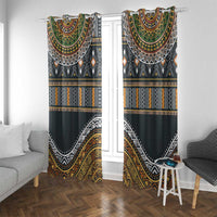 Ethnic window curtain pair with dark fabric, gold accents, green details, and white motifs.