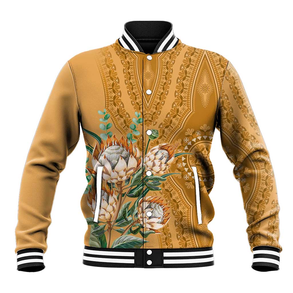 Gold baseball jacket with protea floral dashiki motif, striped ribbed collar cuffs