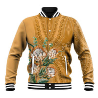 Gold baseball jacket with protea floral dashiki motif, striped ribbed collar cuffs