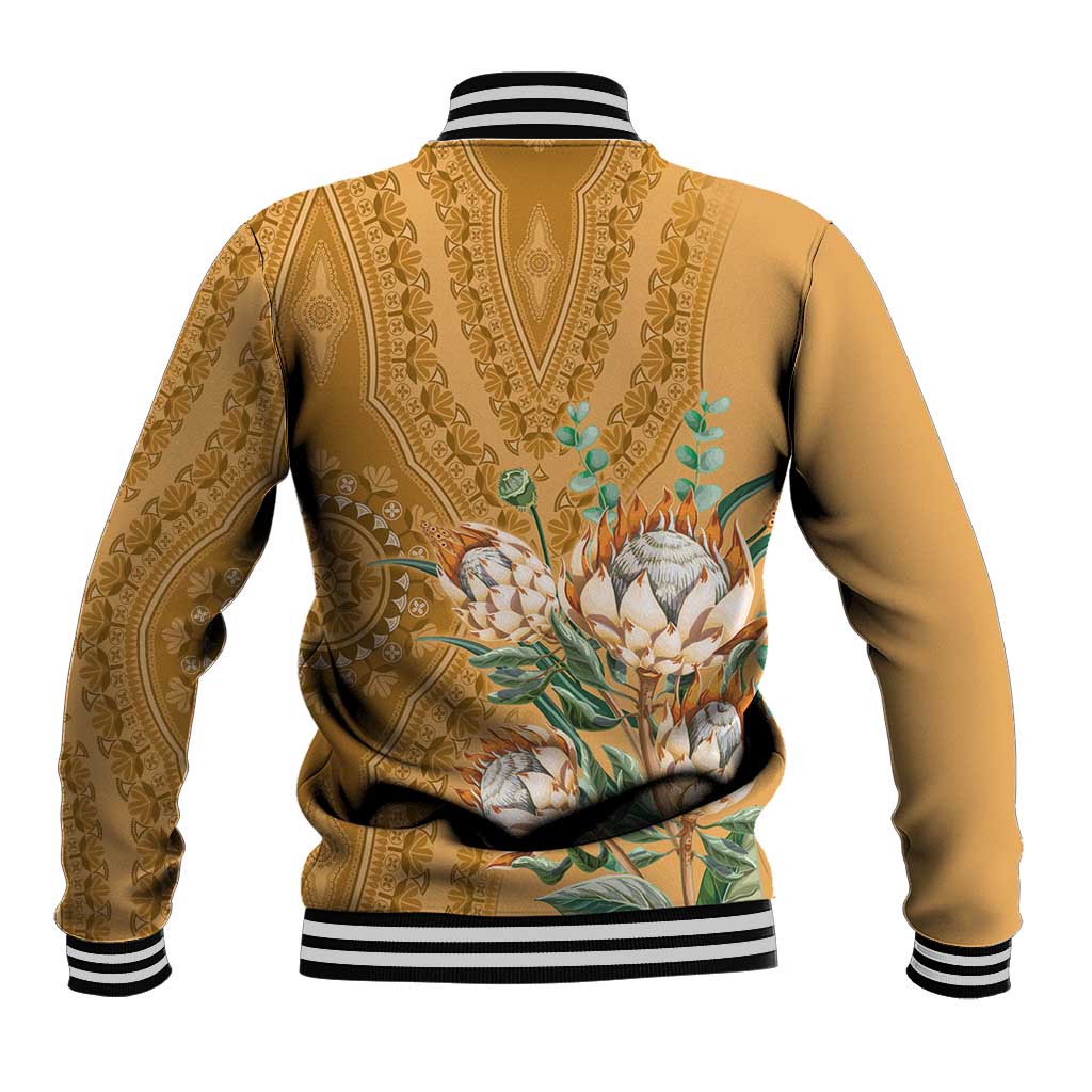 Gold baseball jacket back with protea floral dashiki motif and striped ribbed hem