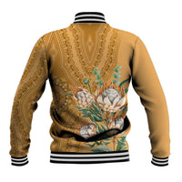 Gold baseball jacket back with protea floral dashiki motif and striped ribbed hem