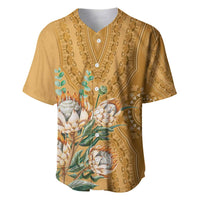 Gold dashiki motif baseball jersey with V-neck button placket and protea floral print
