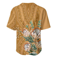 Gold back baseball jersey with dashiki pattern and large protea flower and leaf print