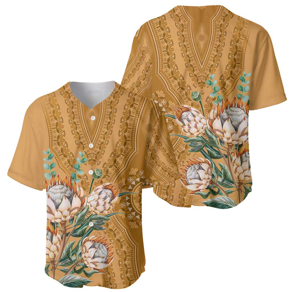 Gold baseball jersey with dashiki paneling, V-neck buttons, and protea floral front print
