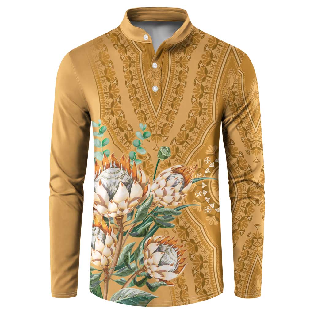 Gold dashiki motif button henley sweatshirt with floral and geometric print