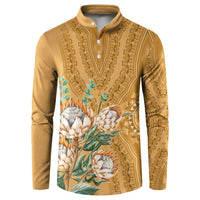 Gold dashiki motif button henley sweatshirt with floral and geometric print