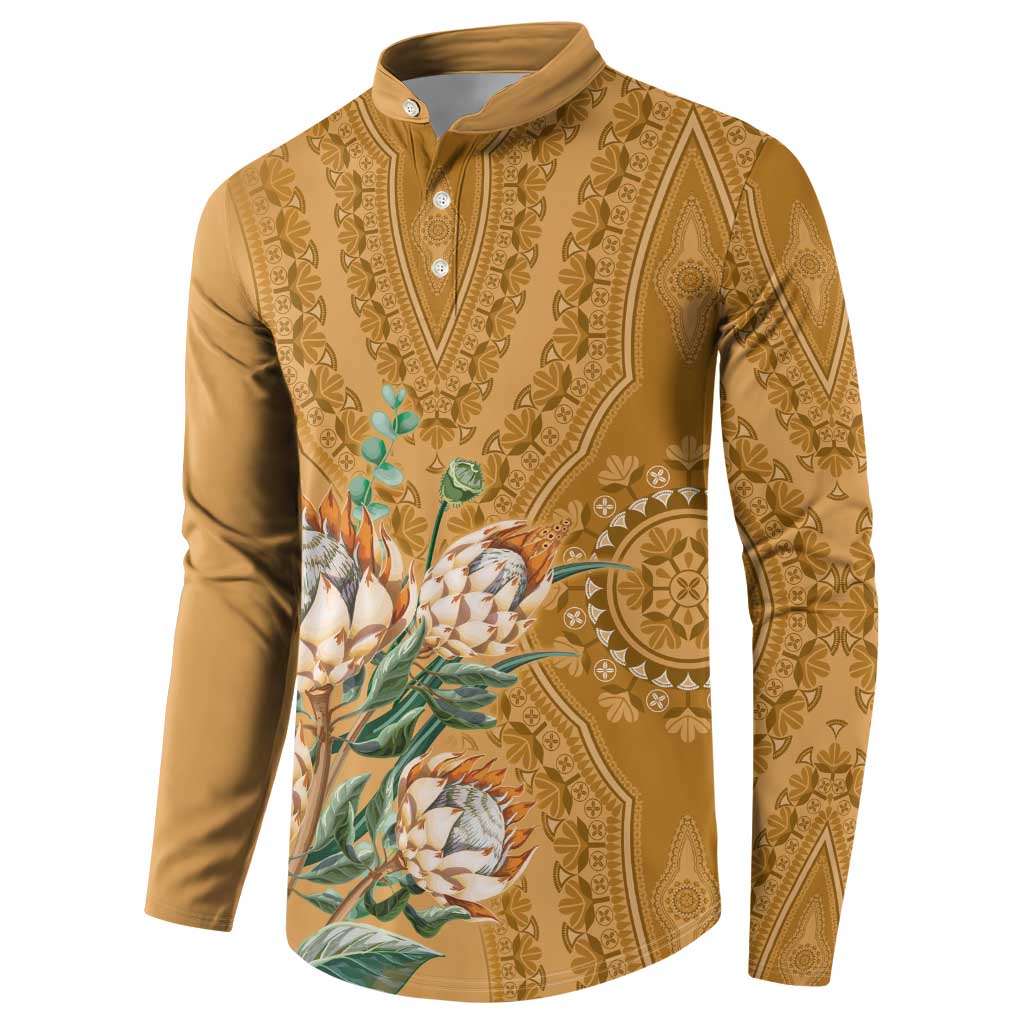 Gold dashiki motif button henley sweatshirt with floral print and paisley panels