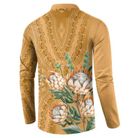 Gold dashiki motif button henley sweatshirt with floral bouquet print on back
